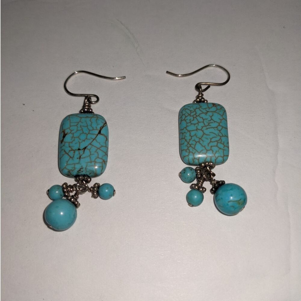 Vintage Turquoise Bead Dangle Earrings Silver Color Metal Hooks